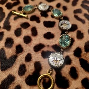 Vintage Victorian Style Handmade Gold And Mint Green Crystal Toggle Bracelet